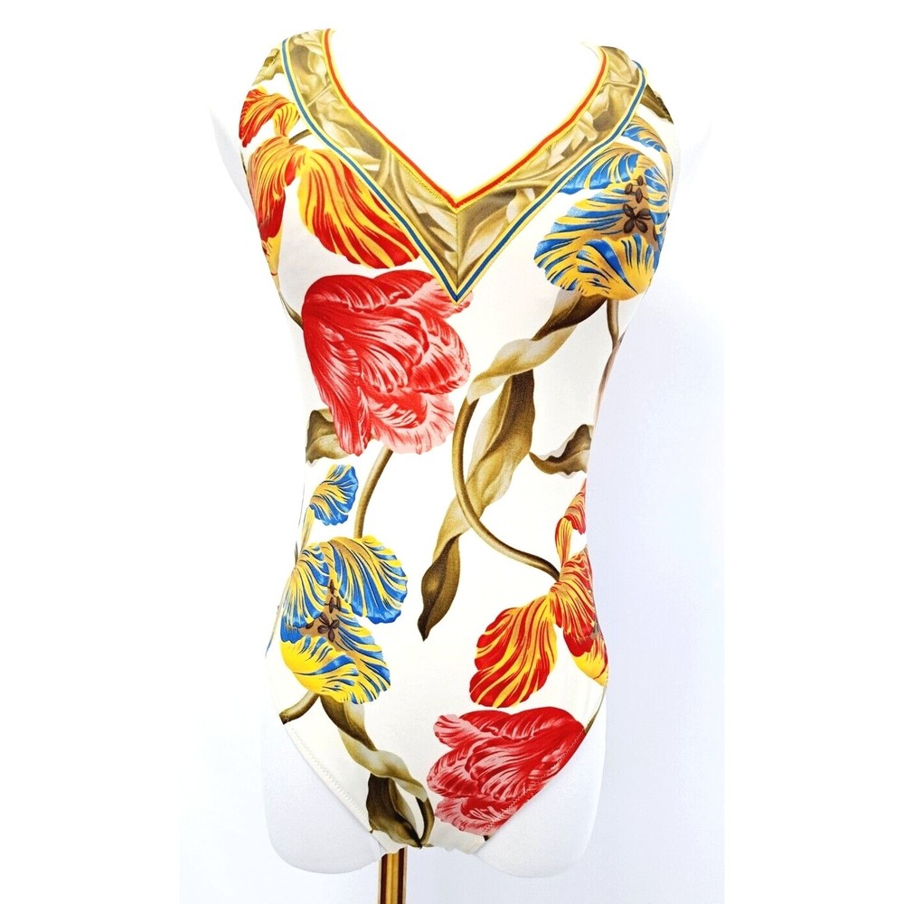 Gottex Swimsuit Women 8 V-Neck Deep V-back 1 Piece Floral Ivory White